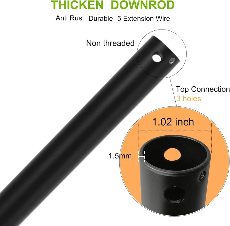 Steerg 18 inch Ceiling Fan Downrod with 5 Extension Wires, Unthreaded Down Rods, Diameter 1 inch, Black - Image 2
